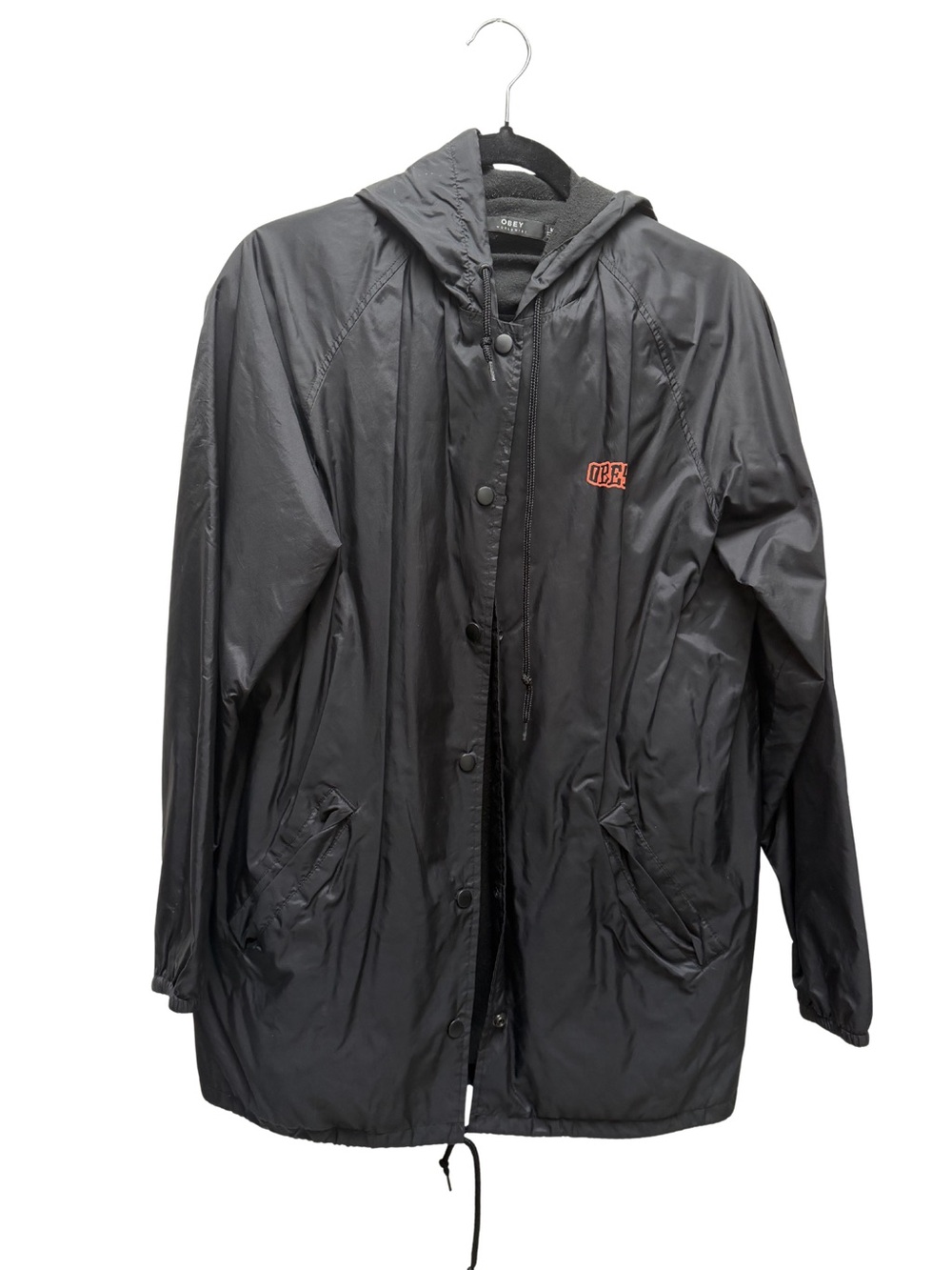 Obey Black Hooded Raincoat with Red Logo Patch
